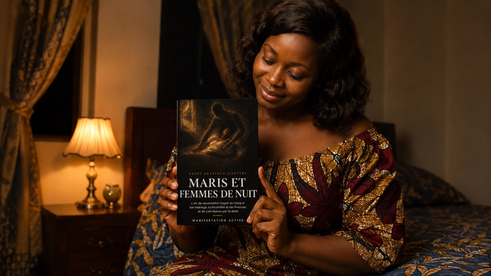 Femme souriante assise sur son lit, tenant le livre Maris et femmes de nuit