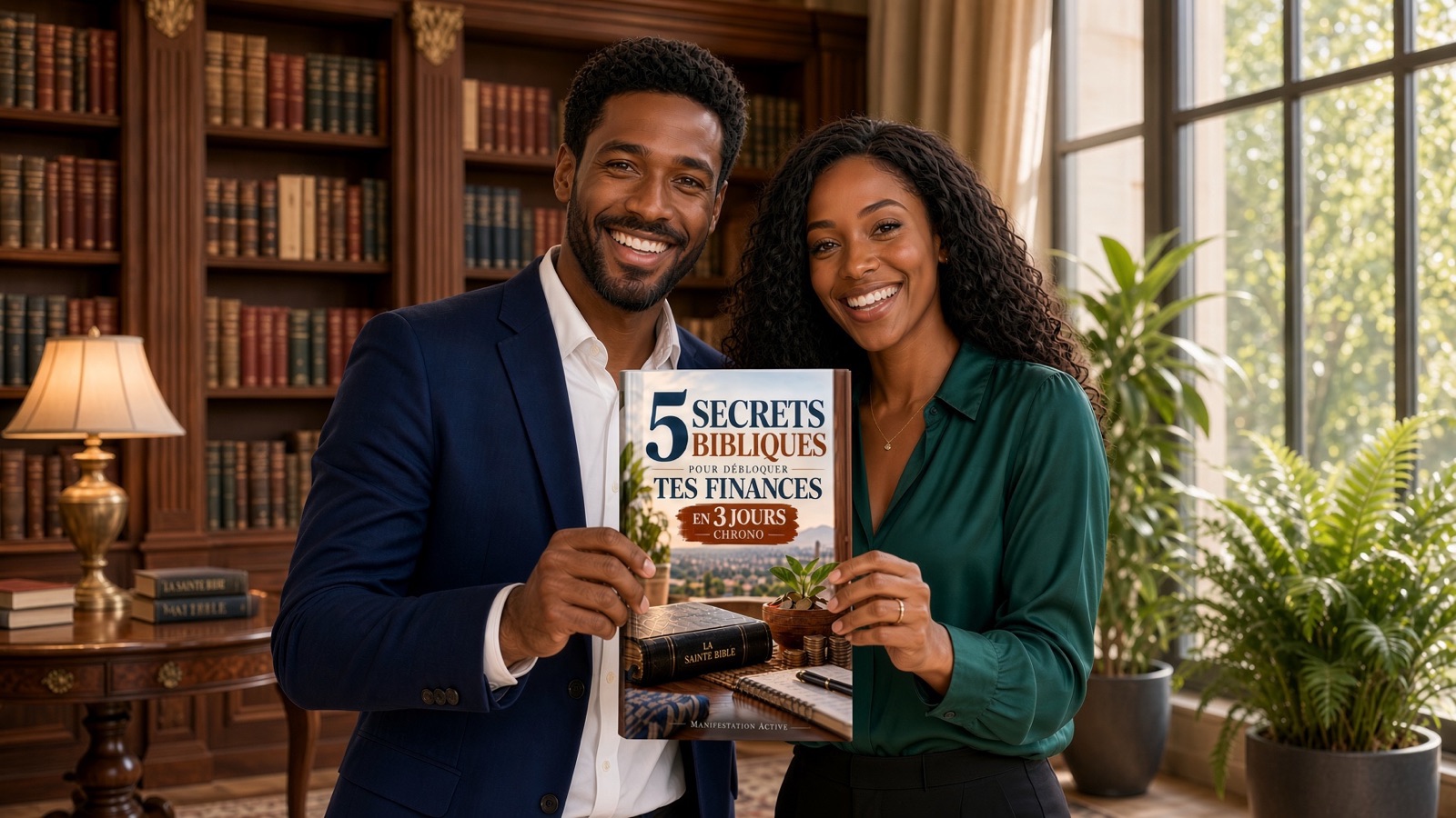 Couple souriant tenant le livre 5 secrets bibliques pour débloquer tes finances