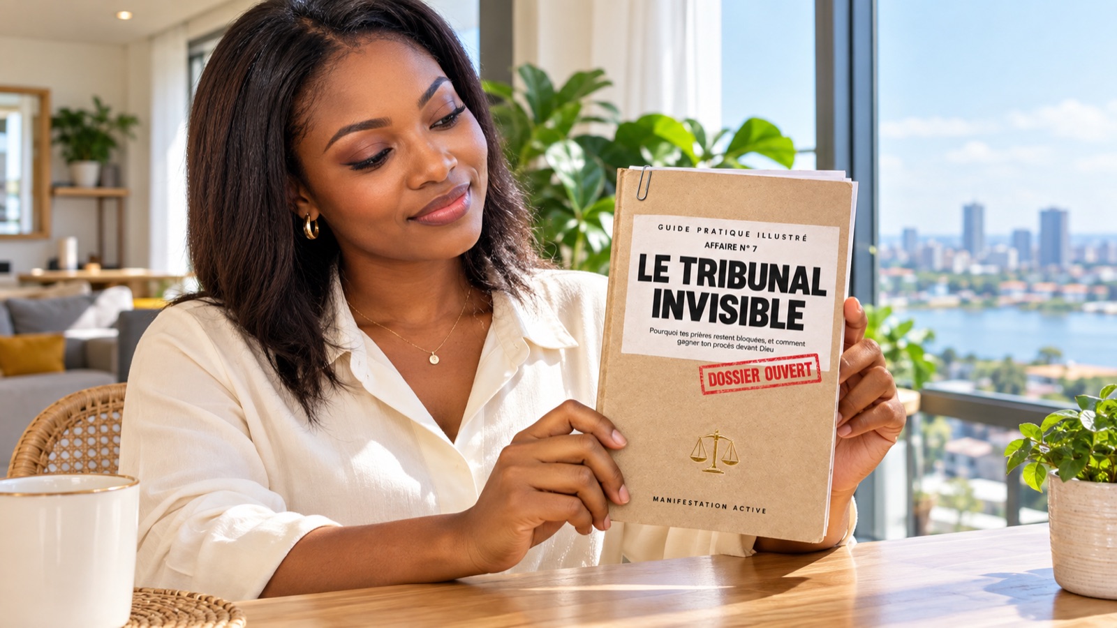 Femme souriante lisant le livre Le Tribunal invisible près d'une fenêtre